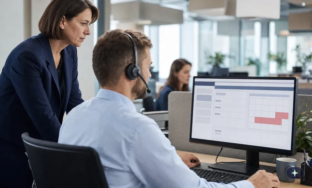 Sachbearbeiter nimmt im Servicecenter der Stadtverwaltung per Headset eine Beschwerde an, die Teamleiterin sieht mit