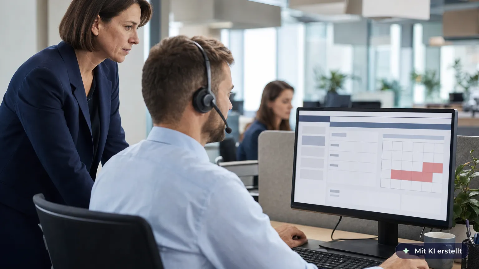 Clerk takes a complaint by headset at the city's service centre while his team leader looks on