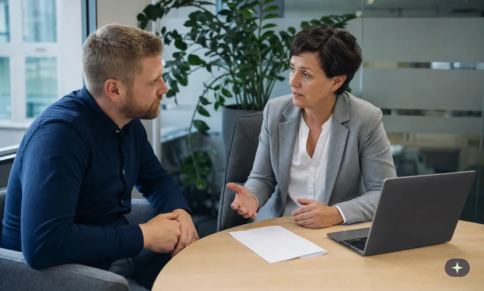 Teamleiterin spricht einen Mitarbeiter in einem kleinen Besprechungsraum vertraulich und sachlich unter vier Augen an