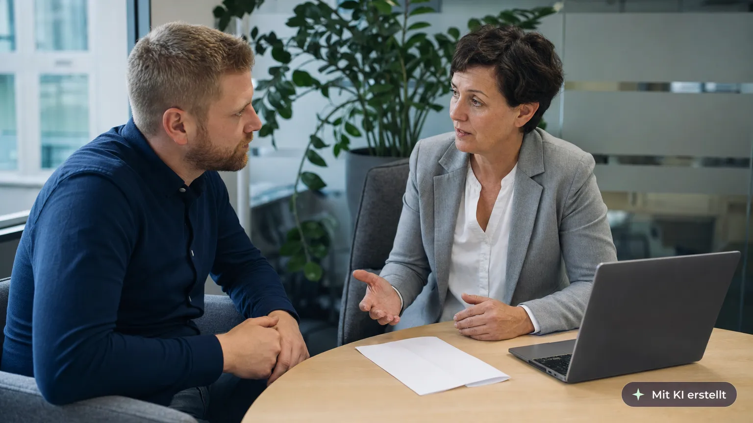 Teamleiterin spricht einen Mitarbeiter in einem kleinen Besprechungsraum vertraulich und sachlich unter vier Augen an