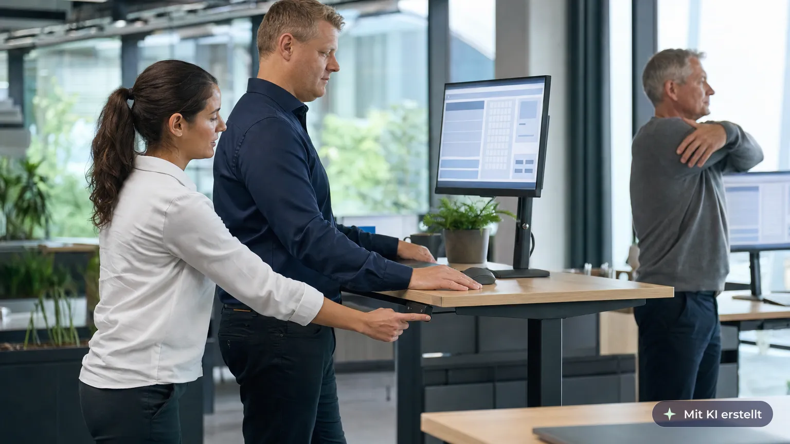 Colleague shows a coworker the right standing height at a sit-stand desk while another colleague stretches nearby