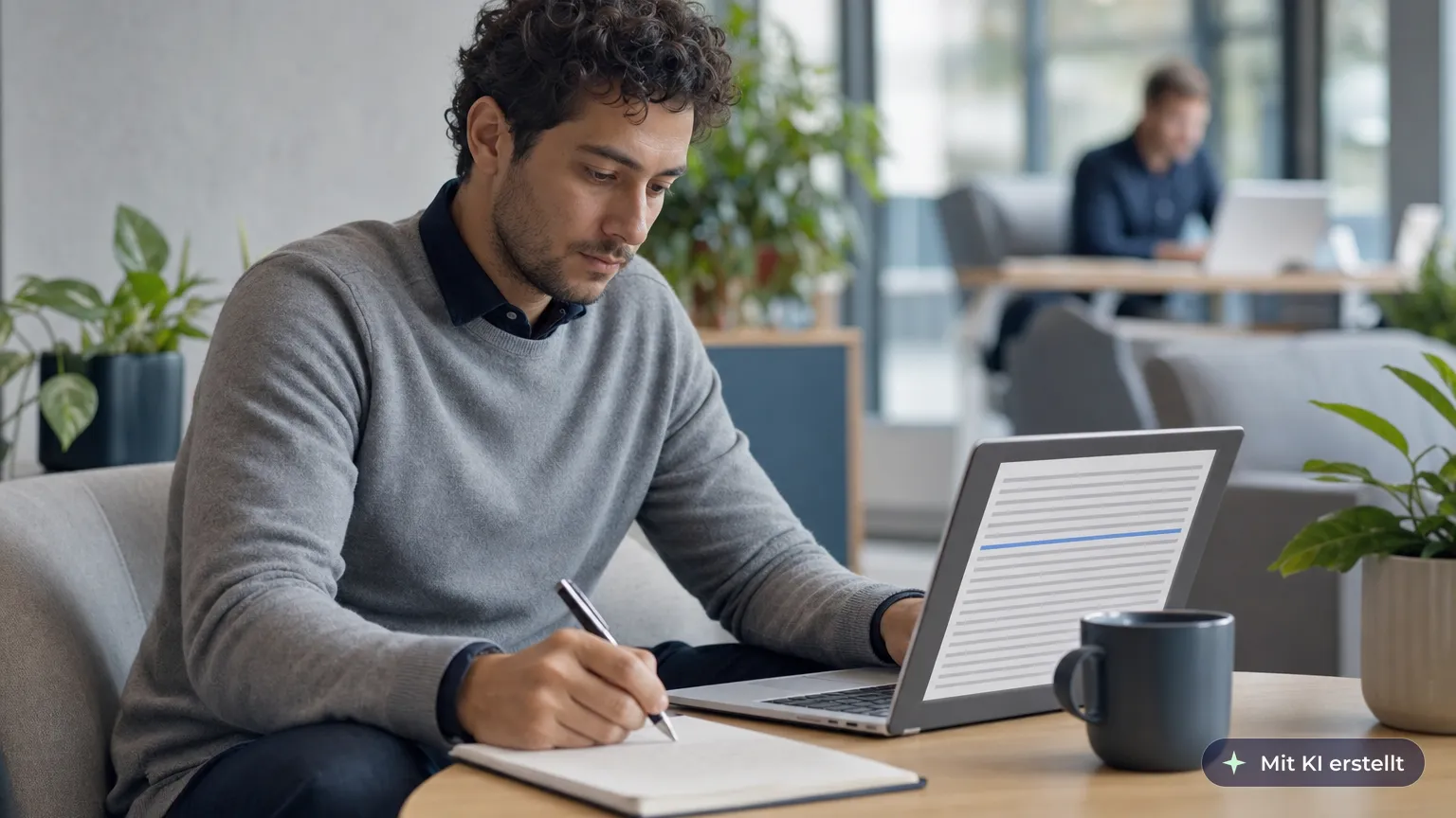 Employee reads a text on his laptop with focus in a quiet lounge corner and jots down brief keywords