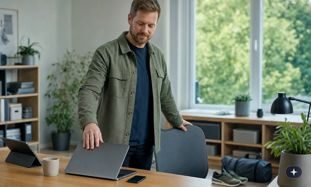 Mitarbeiter klappt im Arbeitszimmer zu Hause zum Ende des Arbeitstags den Laptop zu, die Laufschuhe stehen bereit