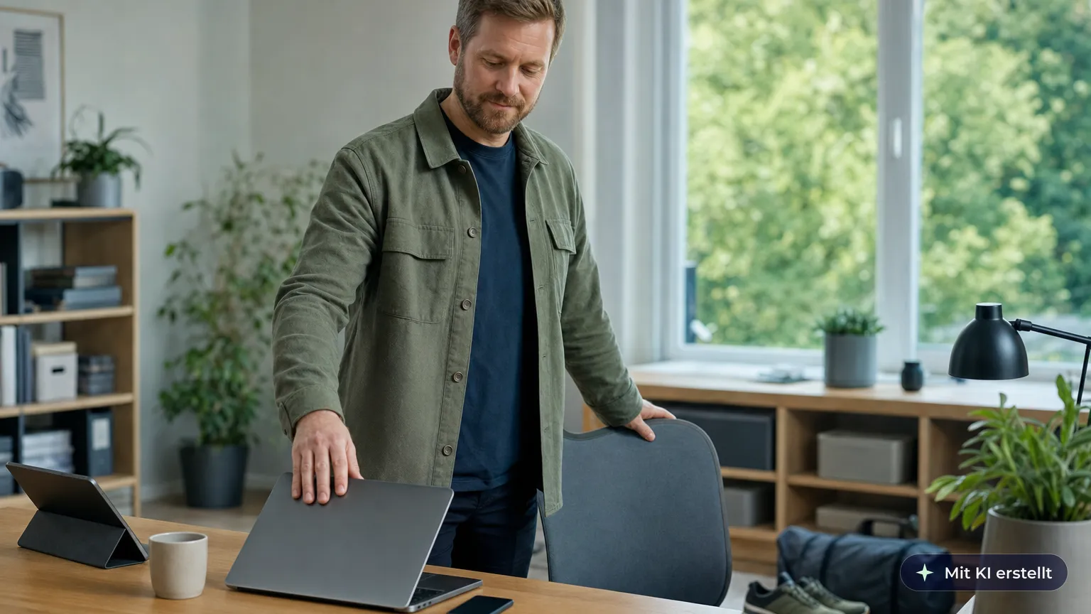 Mitarbeiter klappt im Arbeitszimmer zu Hause zum Ende des Arbeitstags den Laptop zu, die Laufschuhe stehen bereit