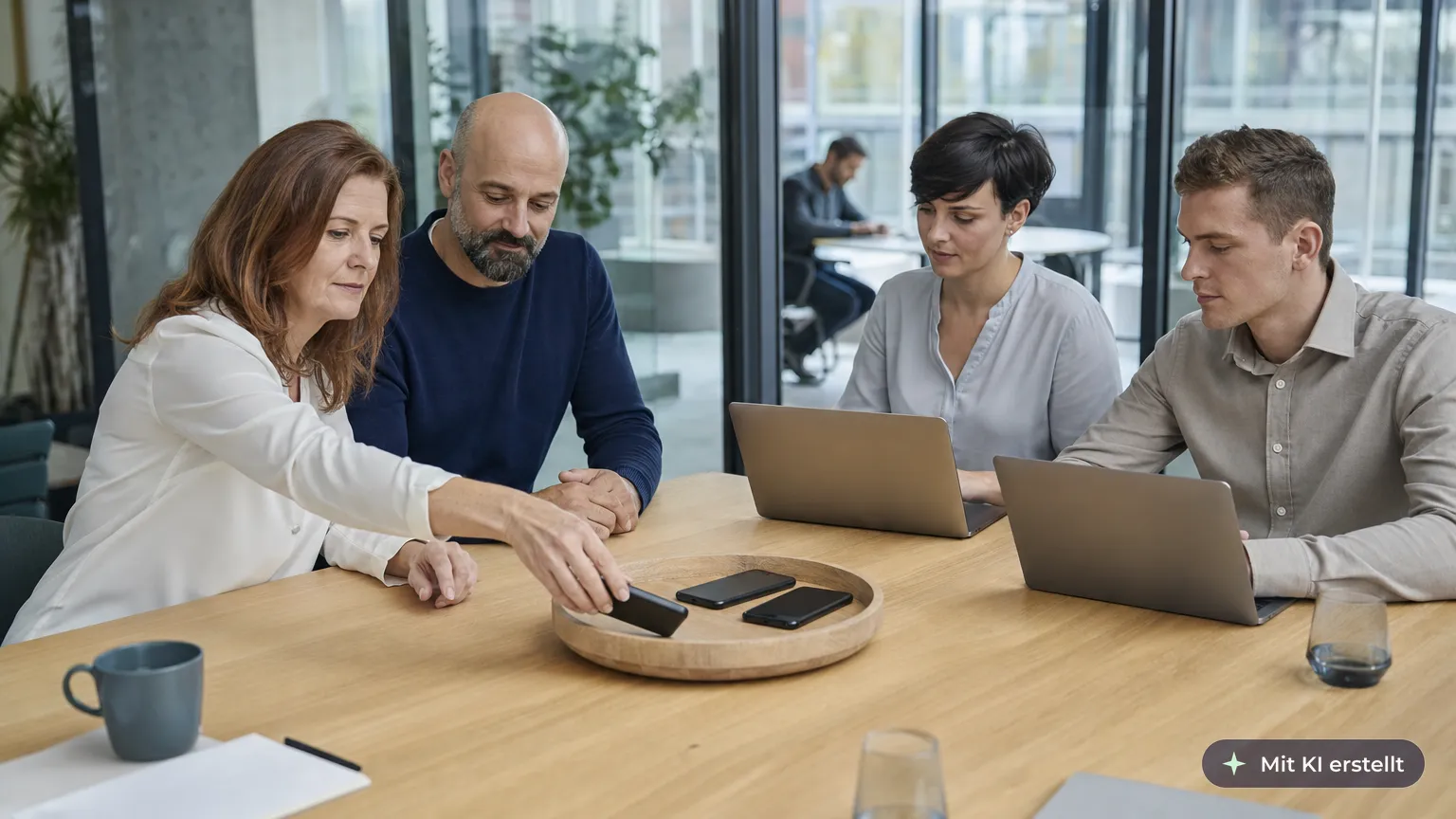 At the start of a focus session, an employee places her phone face down in a bowl, as her team already has