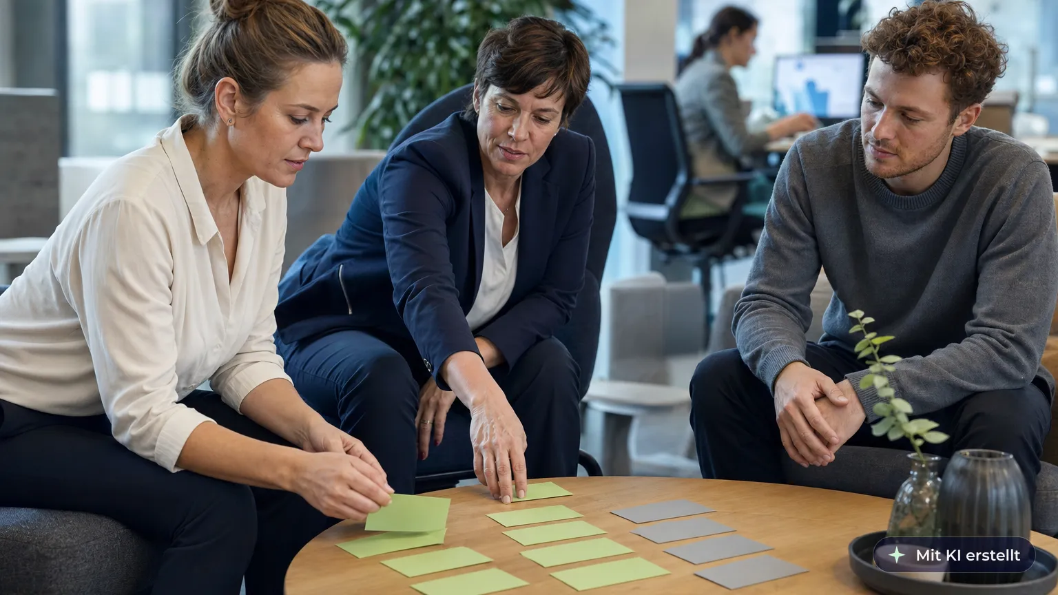 In a team session, an employee sorts cards by which tasks give her energy while her team lead helps