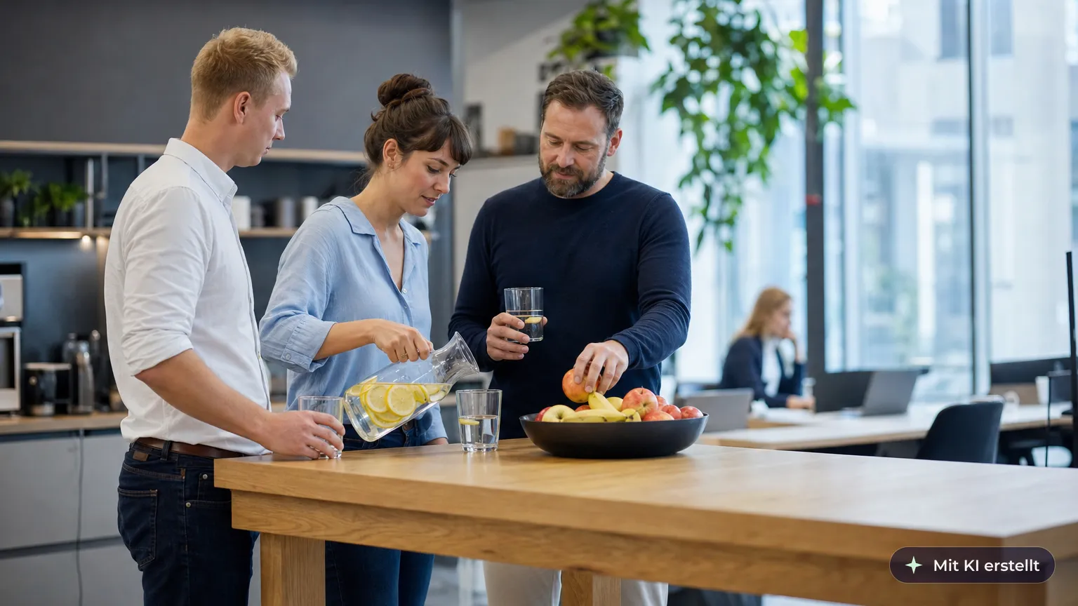 Colleague pours water into glasses at the kitchen standing table while a coworker takes an apple from the fruit bowl
