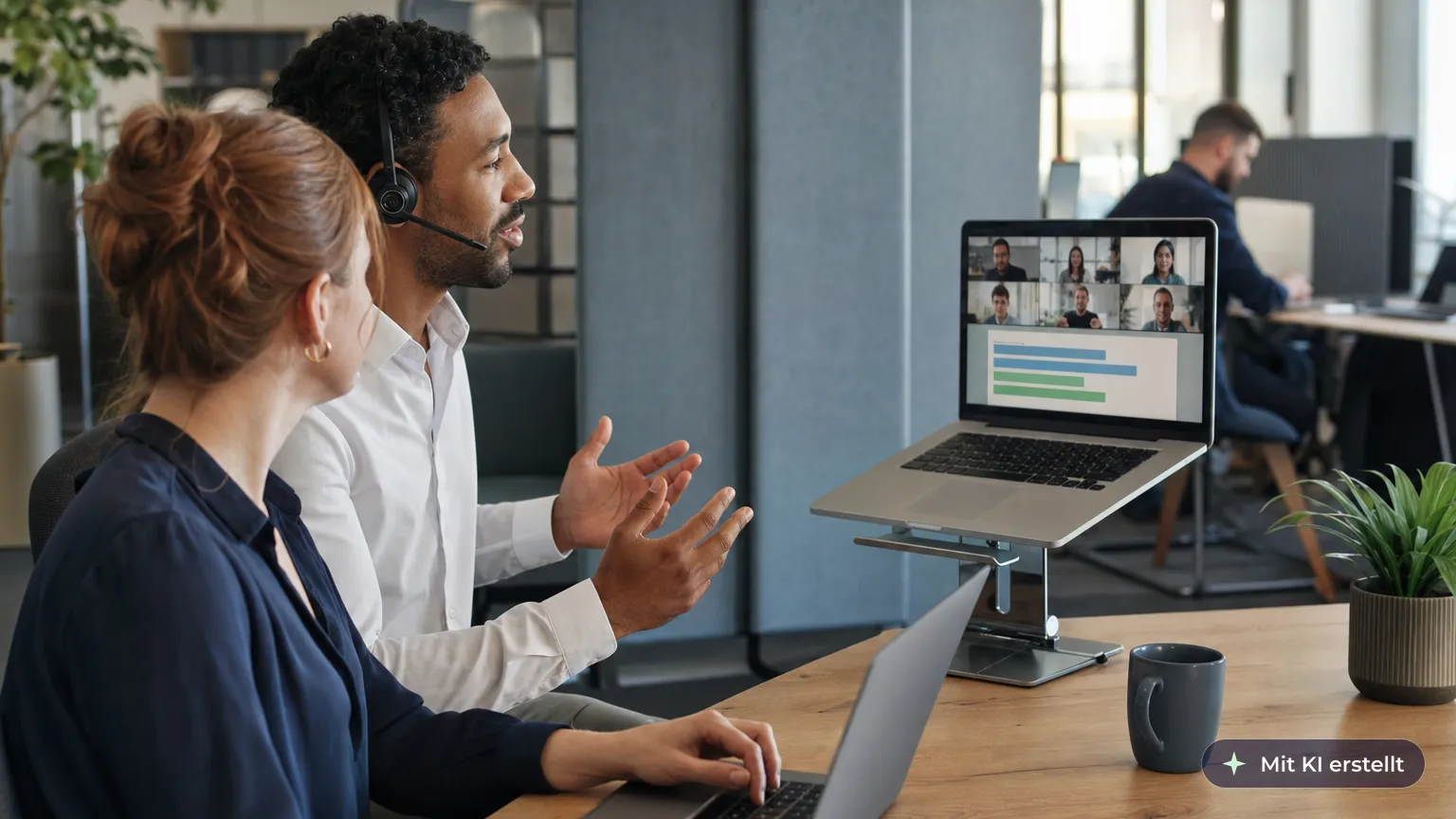 Employee hosts a video conference from his desk while a colleague launches a poll as co-host