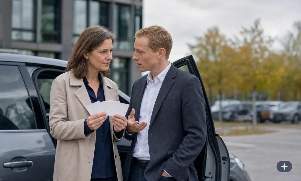 Vertriebsmitarbeiterin geht mit einem Kollegen am Dienstwagen vor dem Kundentermin ihre Stichpunkte durch