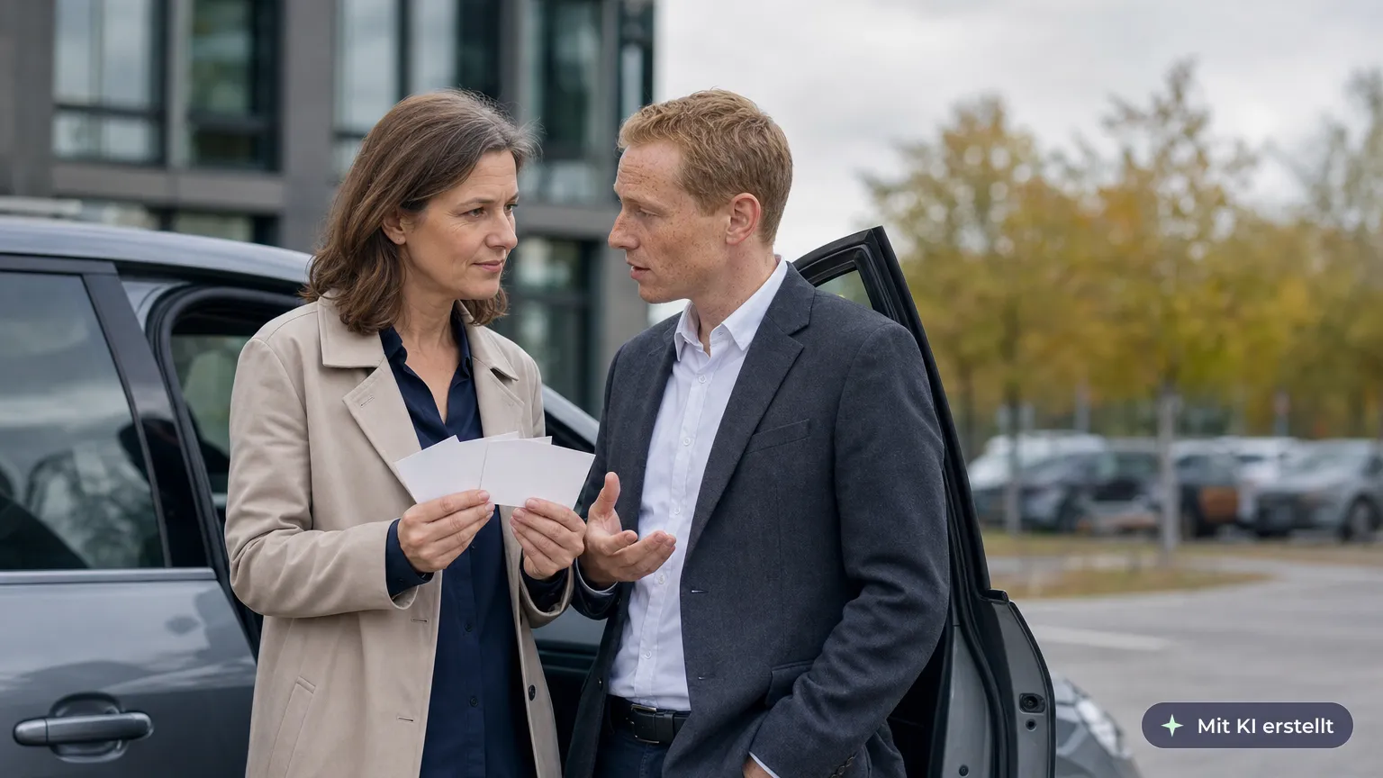 Sales rep and a colleague run through her key points beside the company car before a client meeting