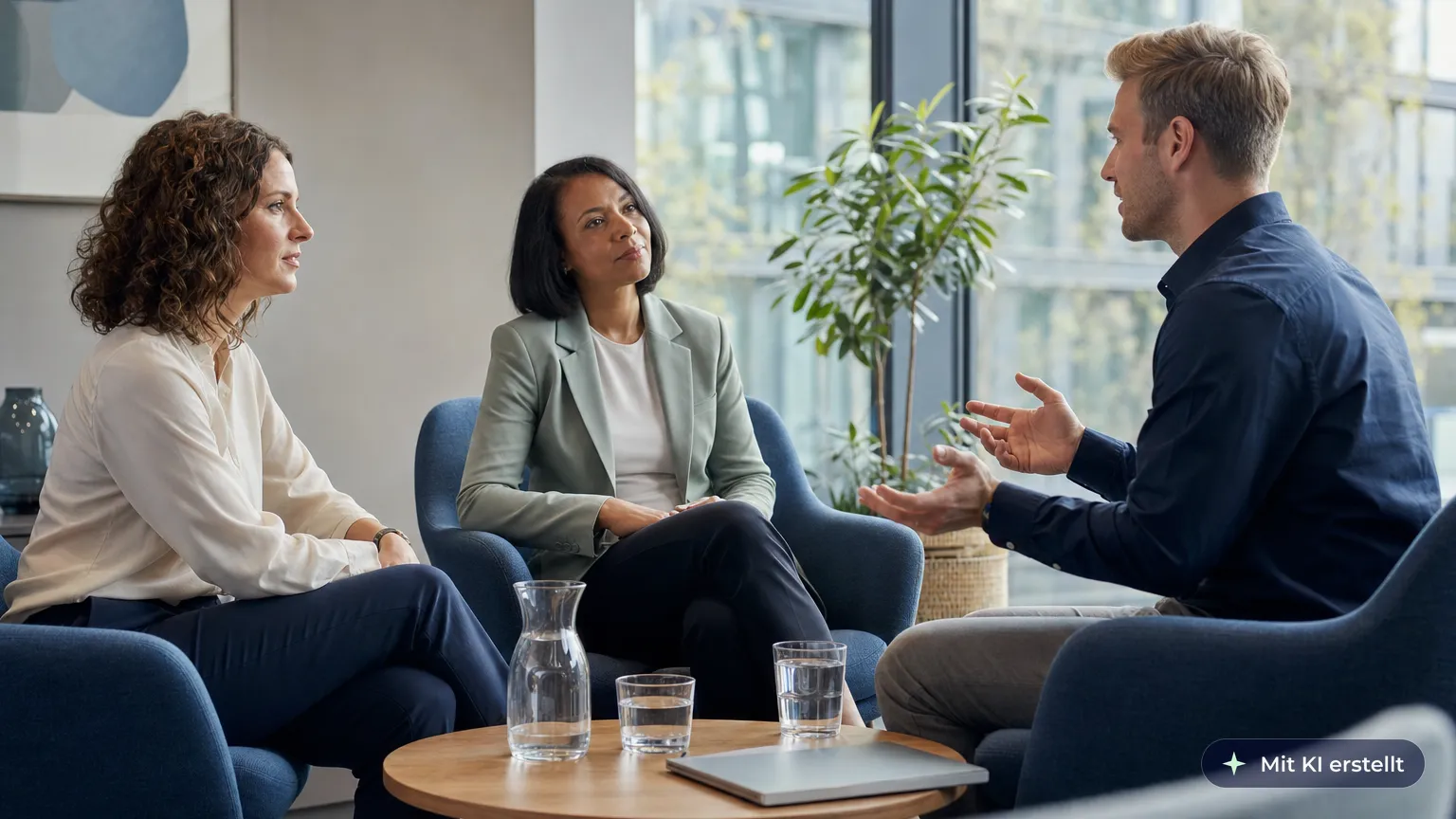 Mediator sits between two colleagues in a quiet meeting room and listens closely as one of them speaks