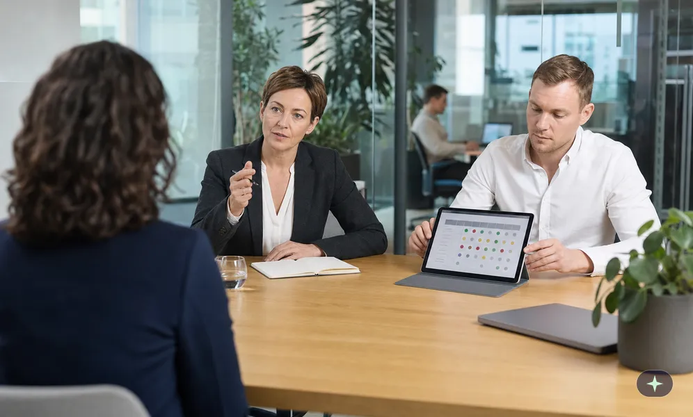 Führungskraft und Personaler führen am Besprechungstisch ein strukturiertes Gespräch mit einer Bewerberin