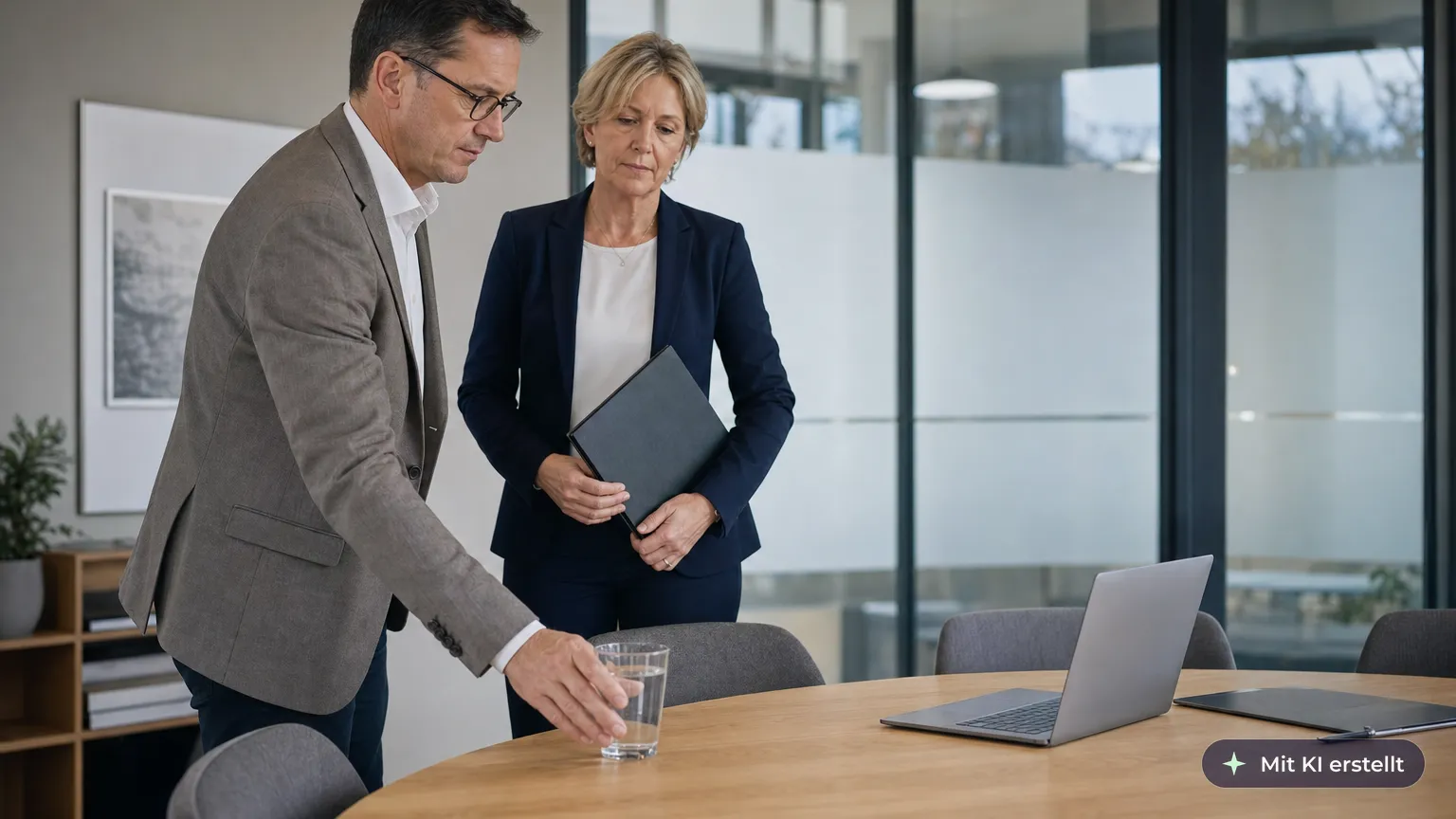 Before a termination meeting, a manager places a glass of water at the empty seat while the HR partner waits