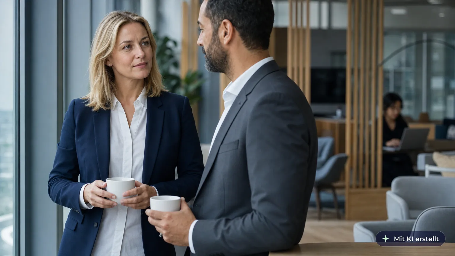 Project lead takes time for a personal conversation over tea with a business partner in the lounge