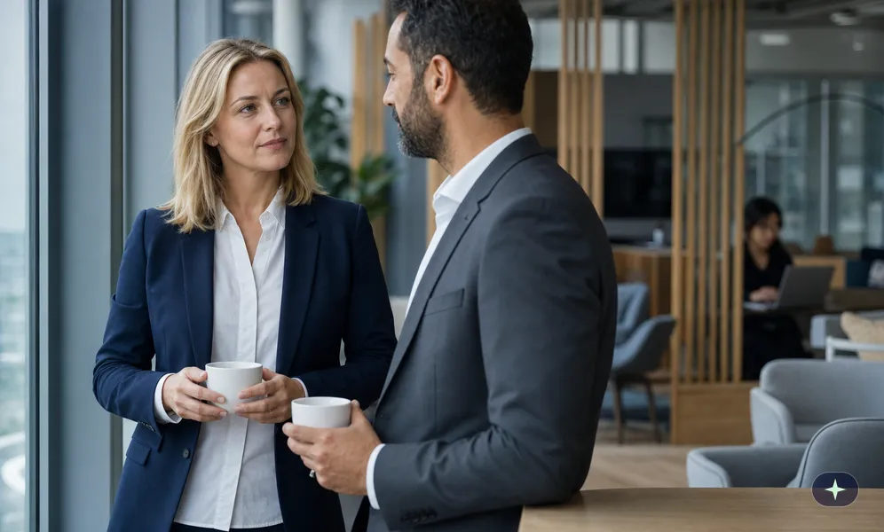 Projektleiterin nimmt sich in der Lounge Zeit für ein persönliches Gespräch mit einem Geschäftspartner bei Tee