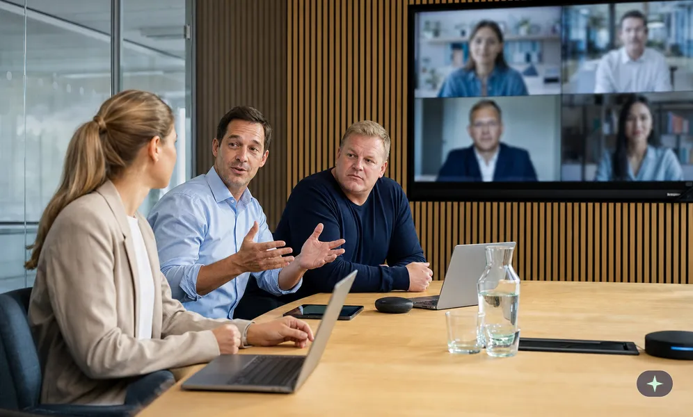Vertriebsleiter und zwei Kollegen führen zu Beginn einer Videokonferenz mit Partnern im Besprechungsraum Small Talk