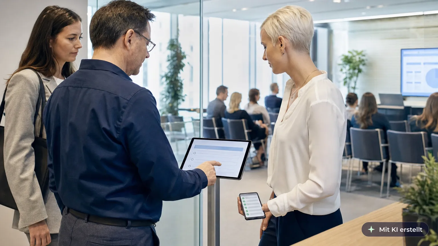 Colleague signs in on a tablet on a floor stand at the entrance while the organiser watches the list on her phone