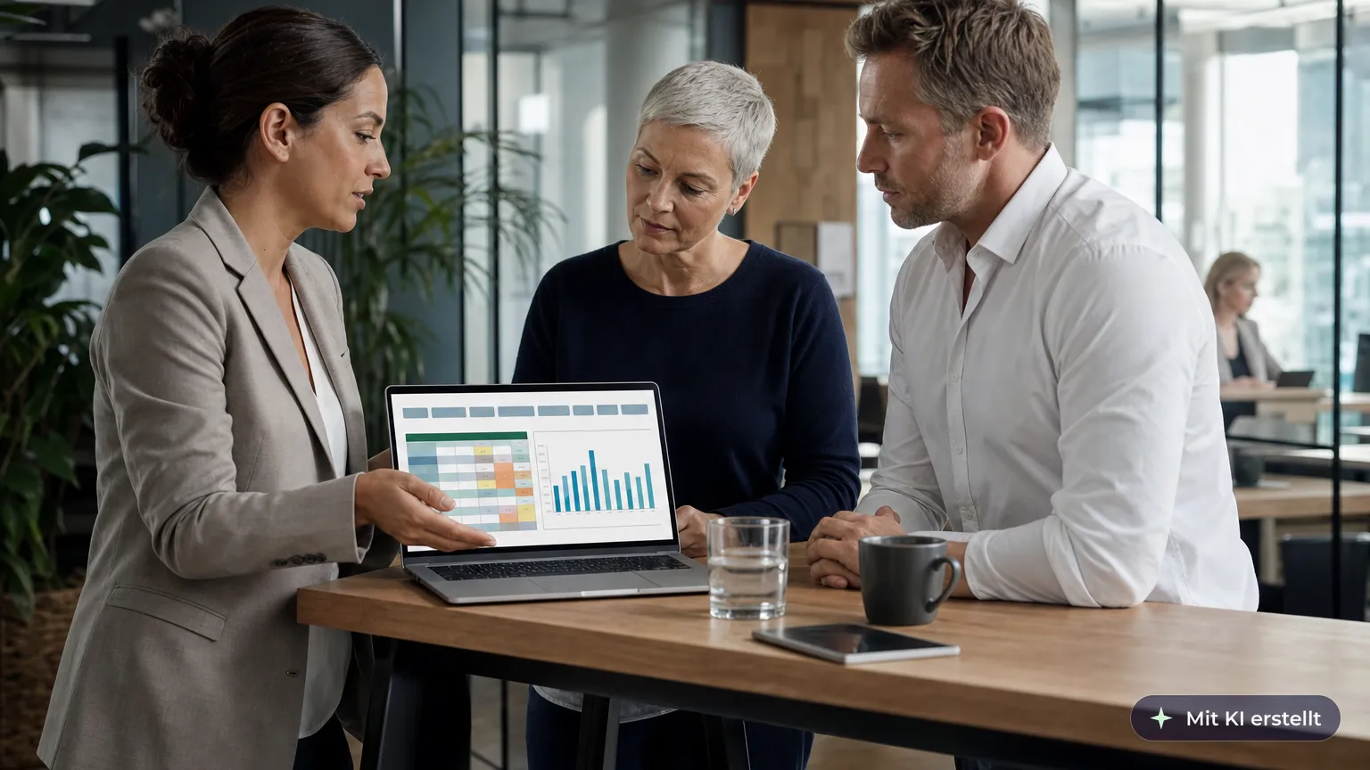 Controller walks the owner and a branch manager through the consolidated monthly analysis at a standing table