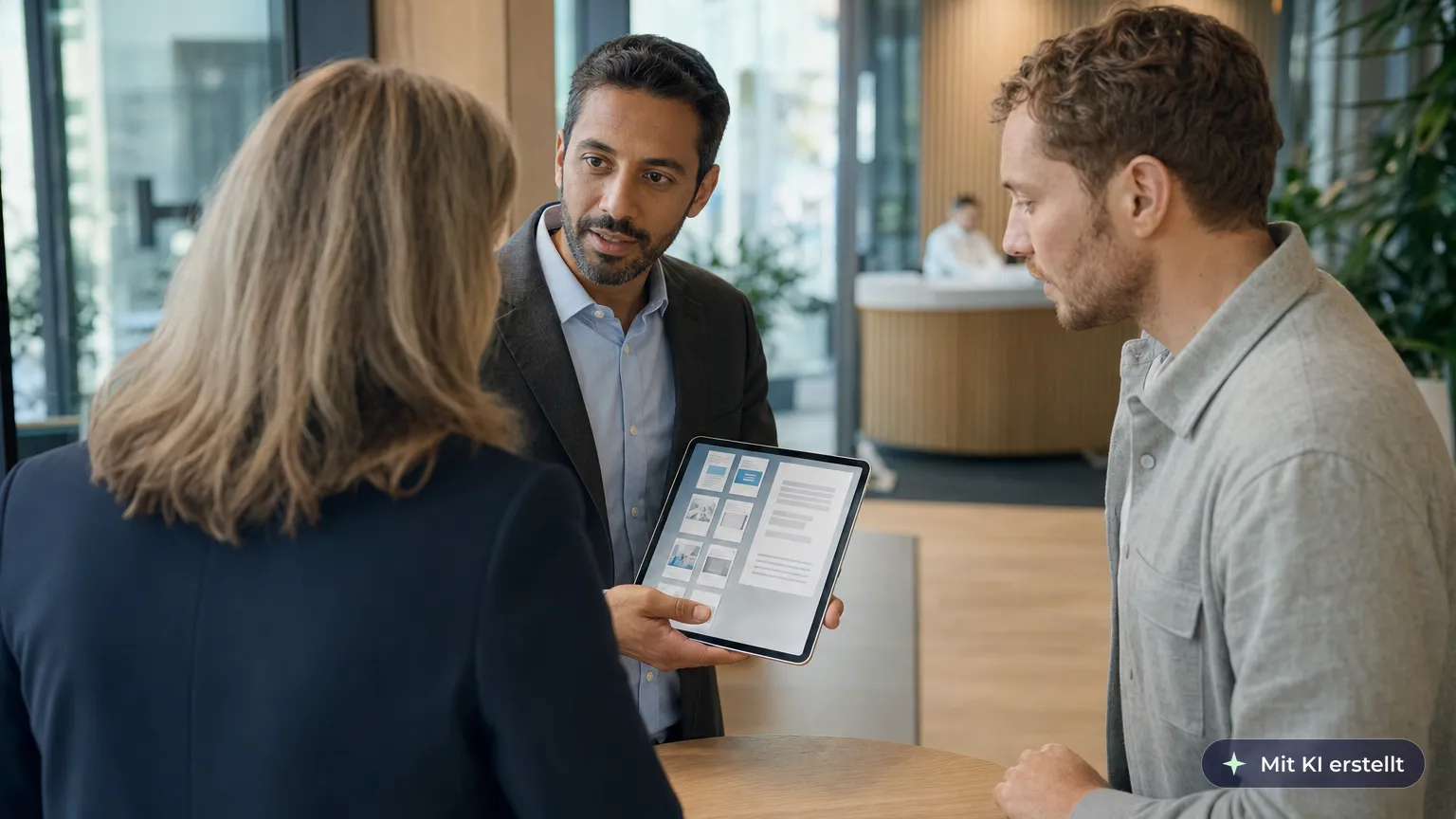 Außendienstmitarbeiter öffnet beim Kunden auf dem Tablet die im Büro gespeicherte Unterlage und zeigt sie