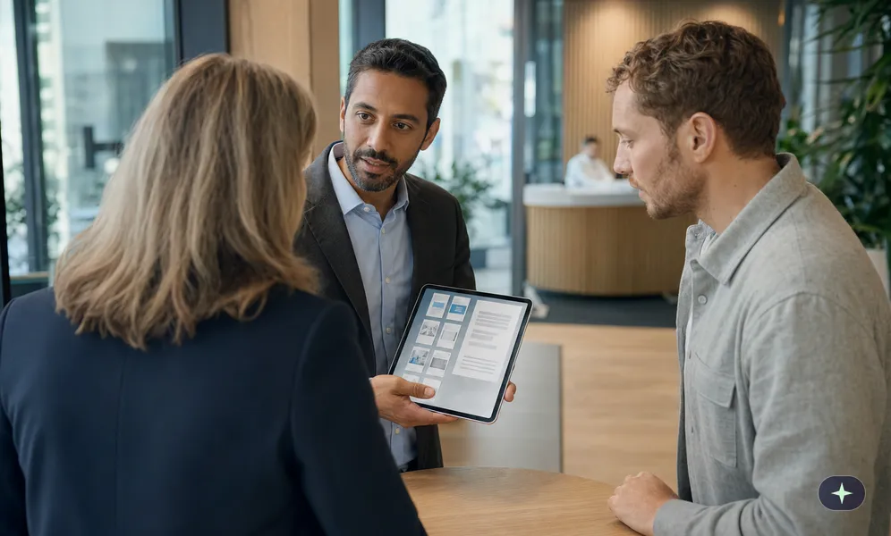 Außendienstmitarbeiter öffnet beim Kunden auf dem Tablet die im Büro gespeicherte Unterlage und zeigt sie