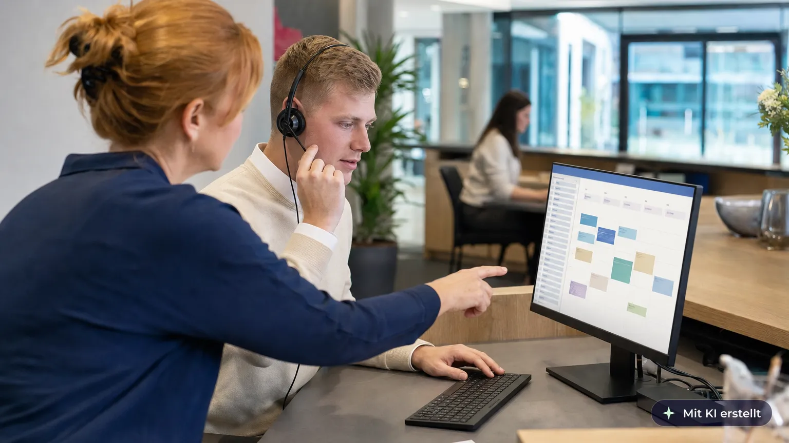 Neuer Kollege am Empfang trägt mit Headset einen Besuchstermin in den Kalender ein, eine Kollegin hilft ihm