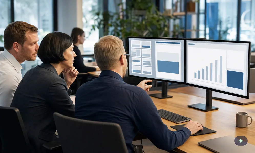 Designer baut am Doppelmonitor die Folienvorlage, die Vertriebsleiterin und ein Kollege prüfen die Diagrammfolie