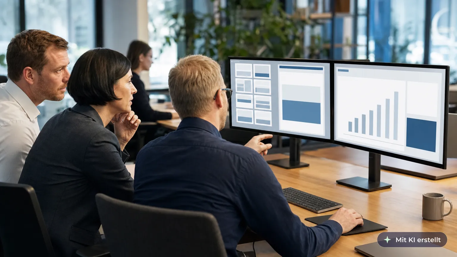 Designer builds the slide master on a dual monitor as the sales director and a colleague review a chart slide
