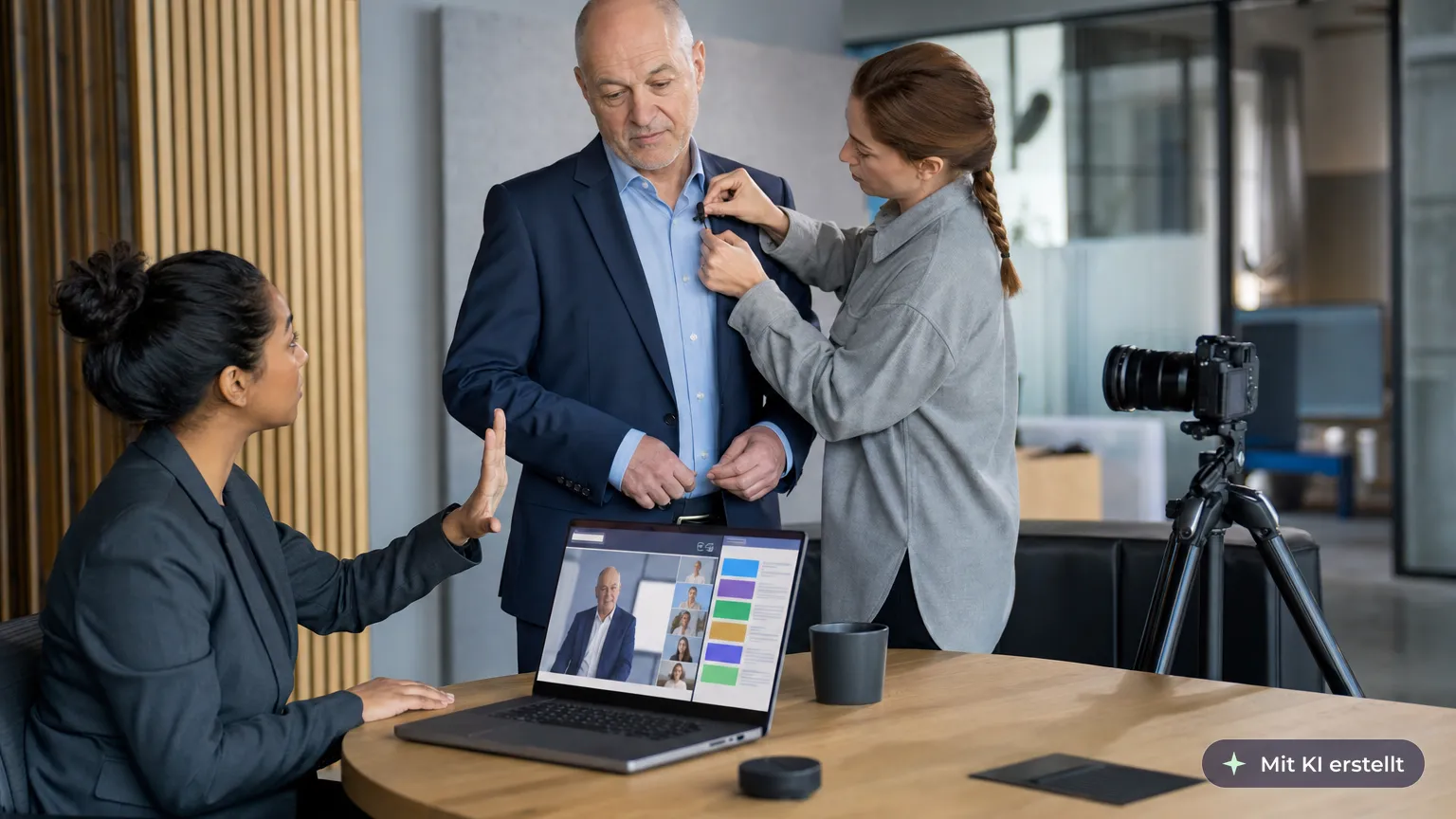 Producer runs an online company event from her laptop and cues the managing director in front of the camera