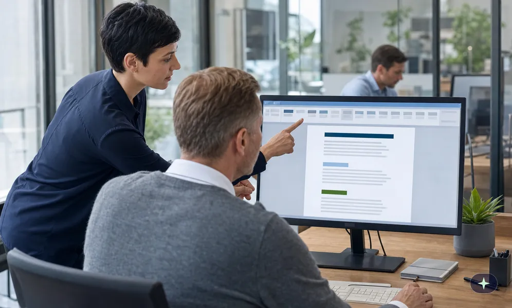 Kollegin zeigt einem Kollegen am Monitor, wie er Überschriften per Formatvorlage statt von Hand gestaltet