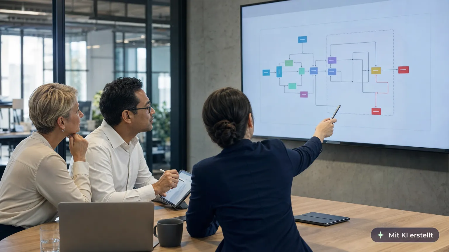 Process owner points to the error branch of a multi-step approval workflow on a wall screen as IT takes notes