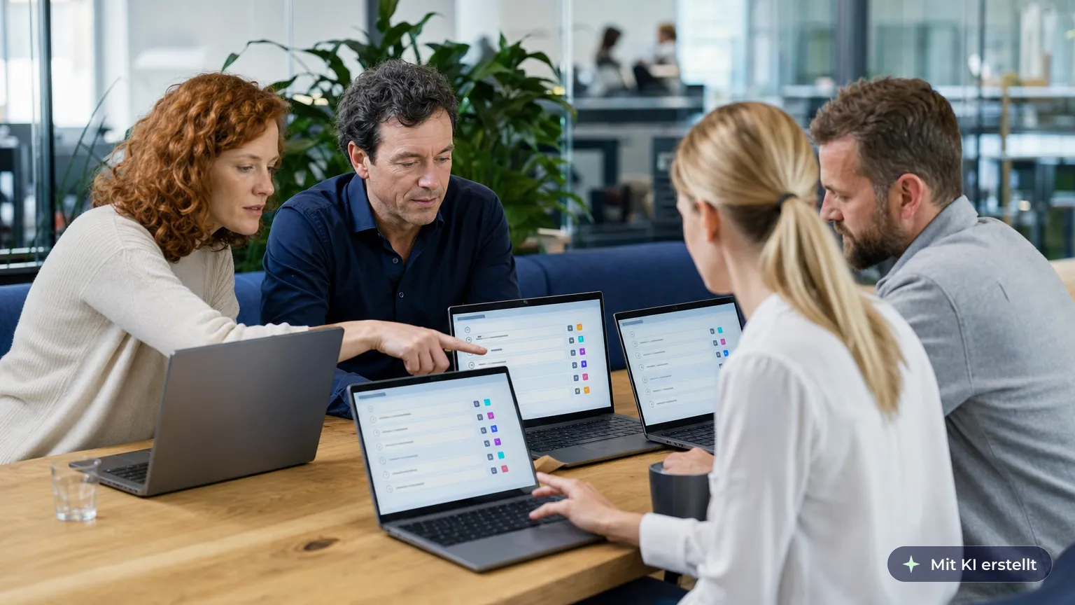 Four colleagues edit the same task list at the same time on their laptops at a table in the lounge