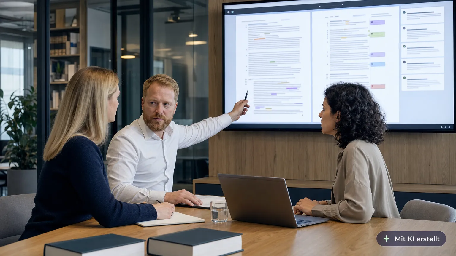 Lawyer and two colleagues review tracked changes and comments in a long draft contract on a wall screen