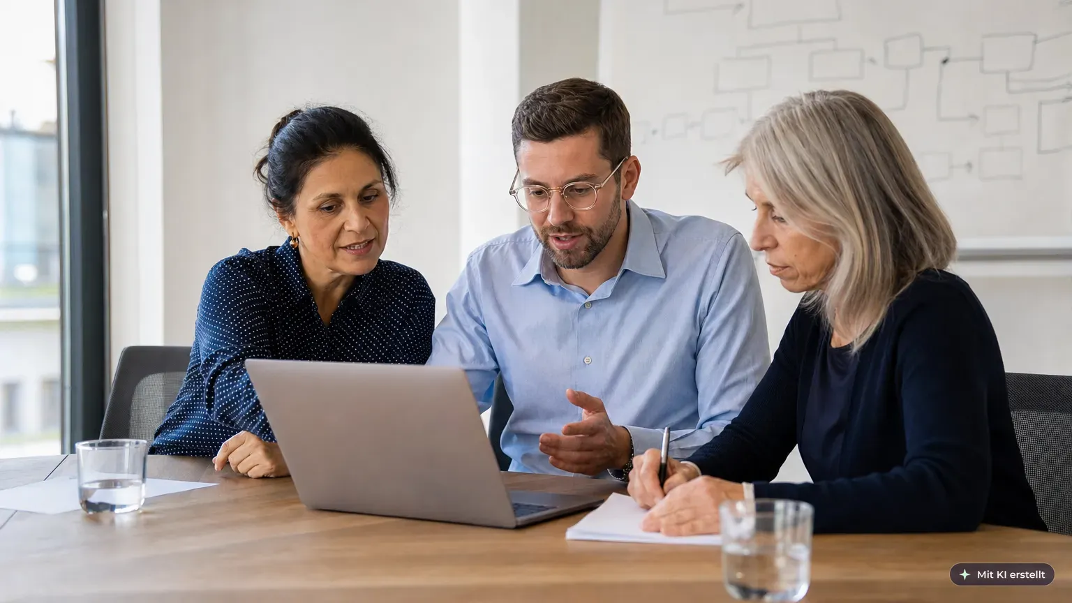 Compliance-Beauftragte, IT-Leiter und Personalreferentin prüfen im Besprechungsraum gemeinsam die eingesetzten KI-Werkzeuge