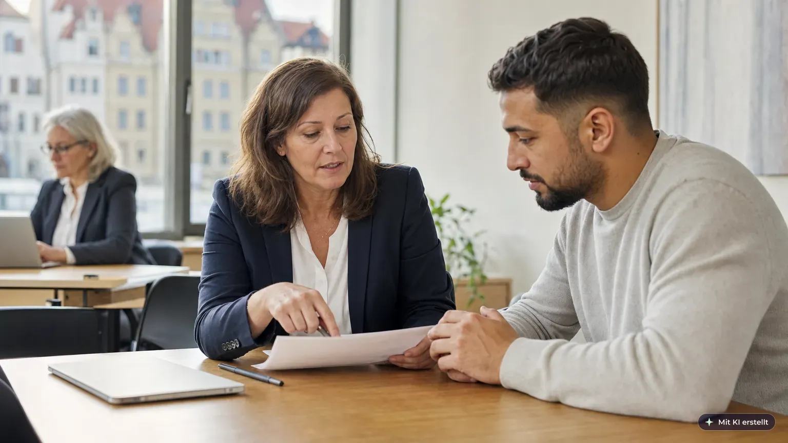 Personalsachbearbeiterin erläutert einem neuen Mitarbeiter im Besprechungsraum eines Rathauses ein Formular