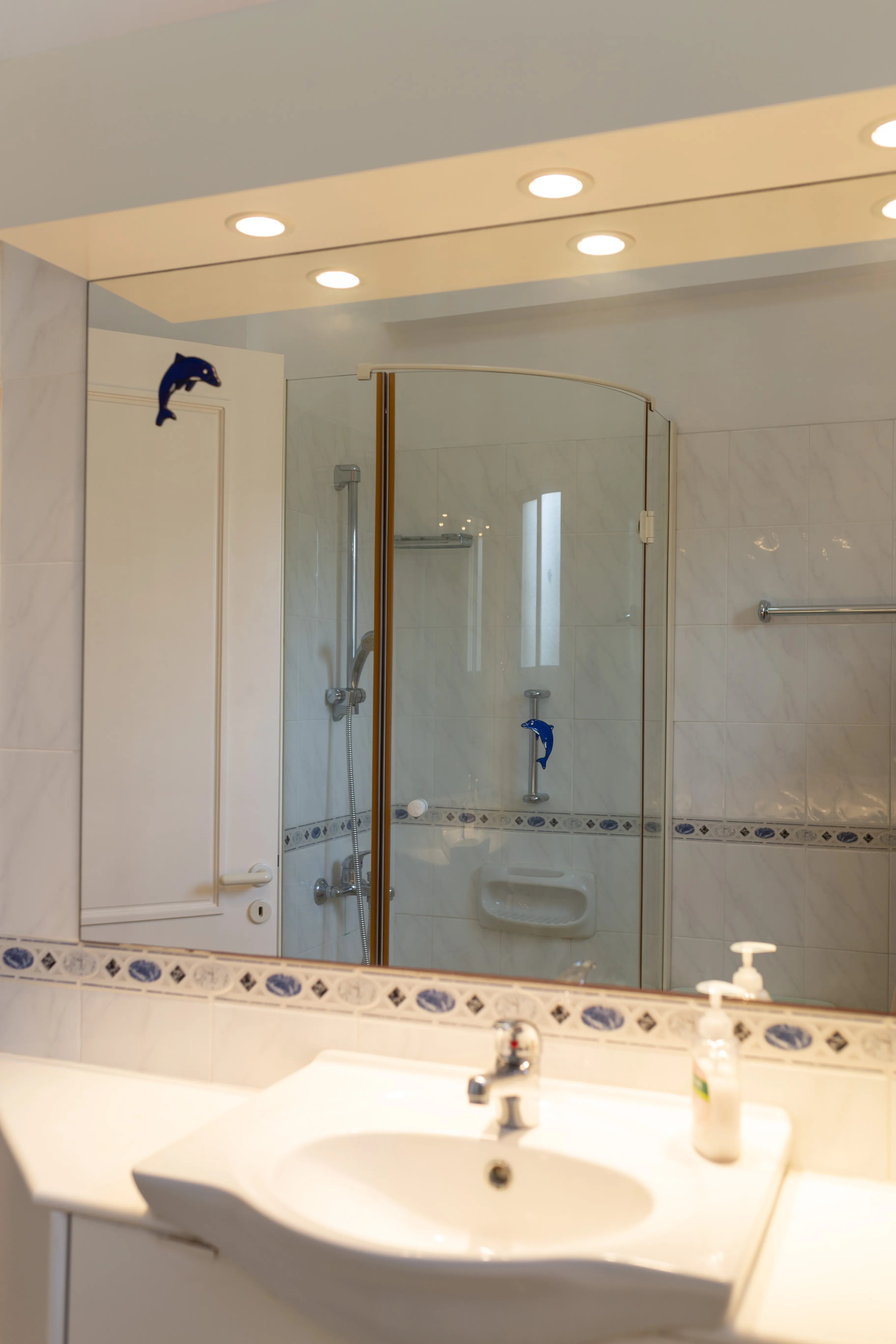 Bathroom with shower cabin and large mirror at Villa Nadezda