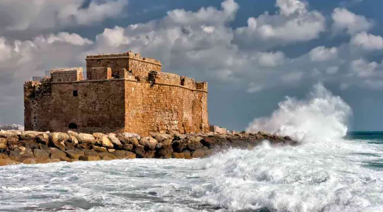 Paphos Castle at the harbour with waves, Cyprus