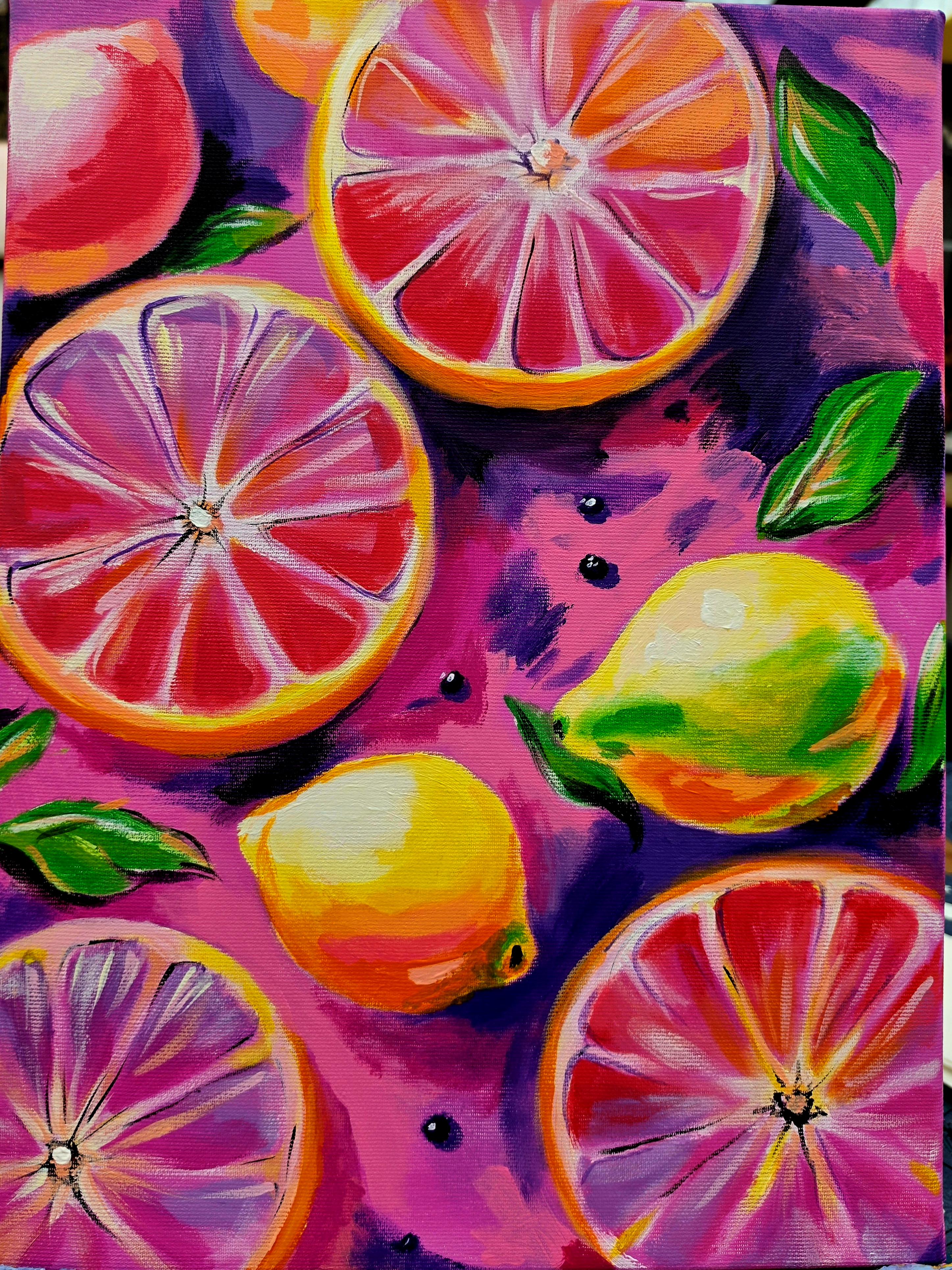 Hand-painted citrus canvas from Villa Nadezda, one of the paintings guests can buy