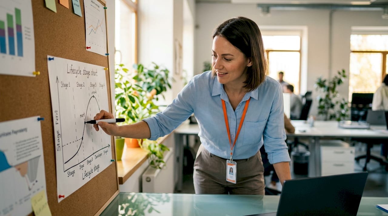 Engineering lead pointing at asset lifecycle stage table