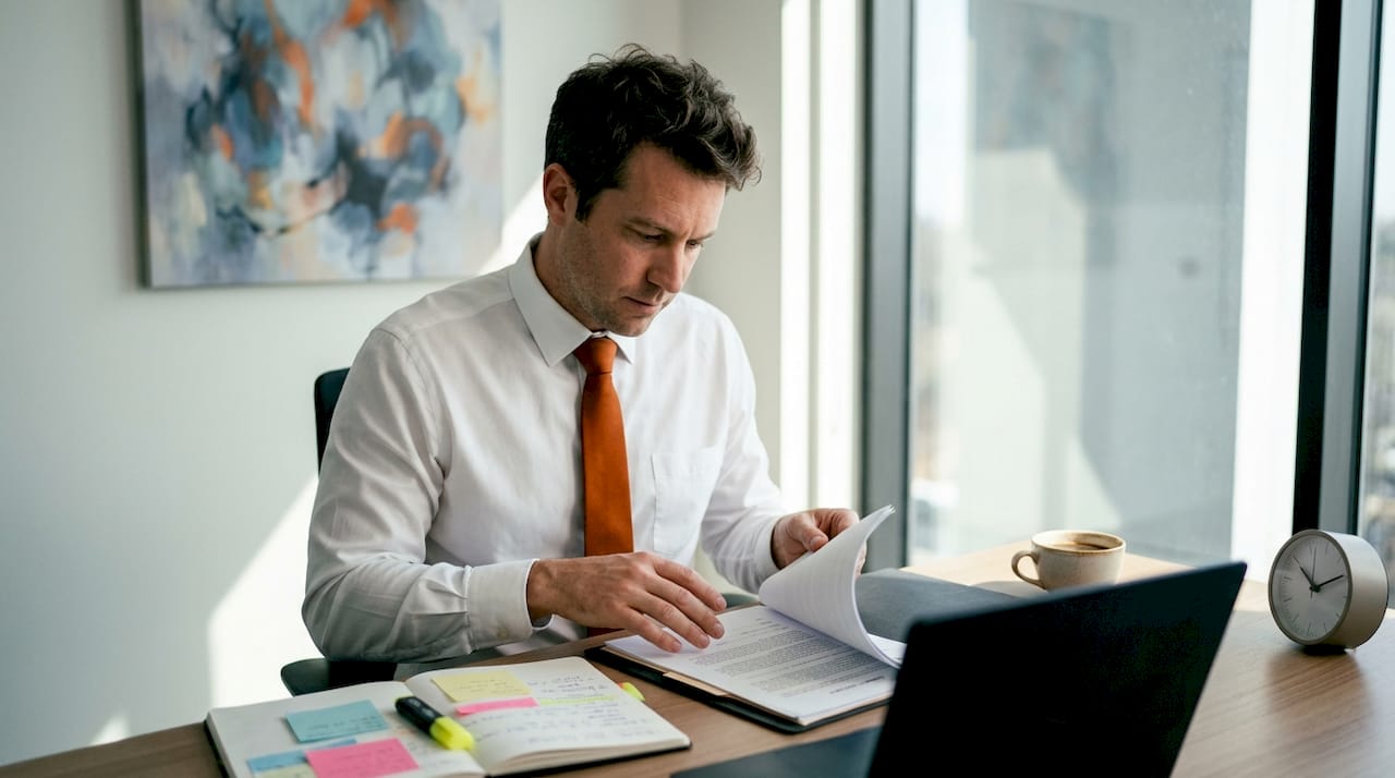 Legal counsel reviewing asset liquidation documents