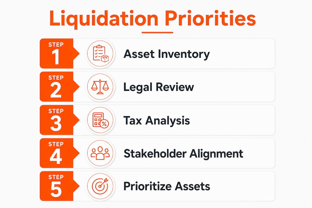 Infographic showing steps for asset liquidation prioritization