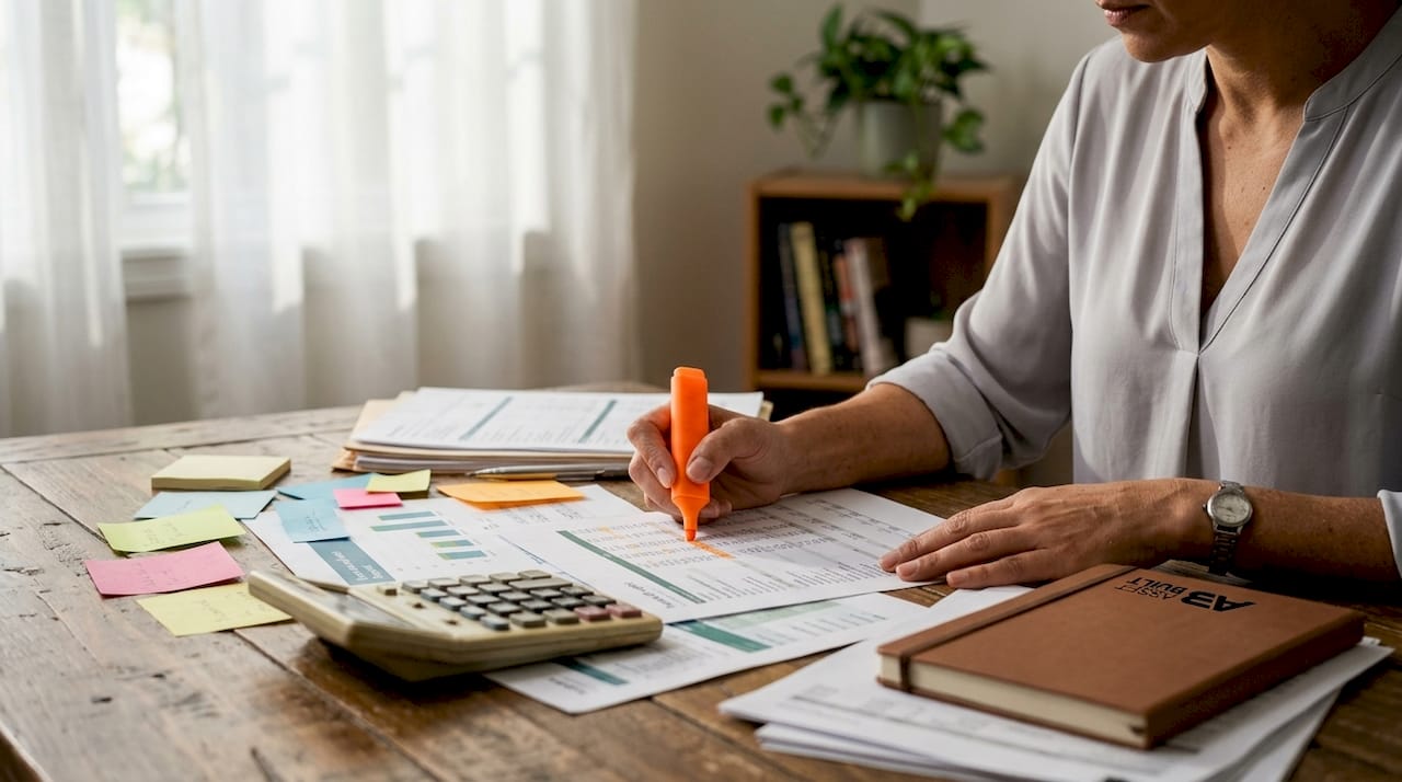 Accountant marking financial documents at desk