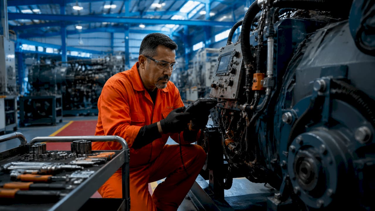 Technician performing predictive maintenance on machine
