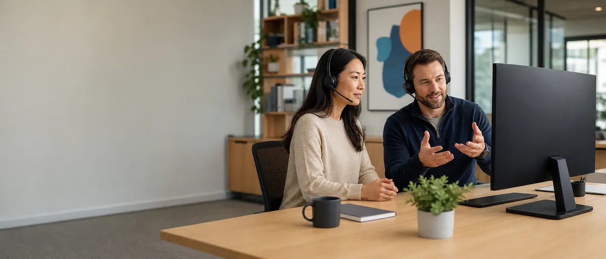Sales rep and prospect collaborating on a hands-on demo