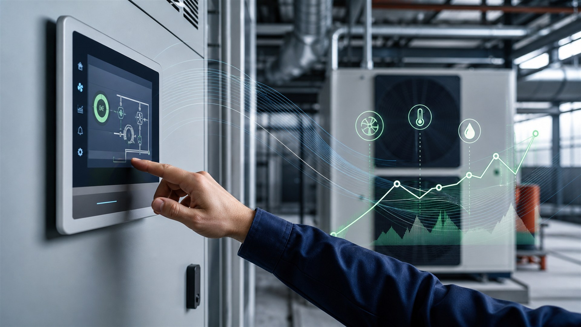 Illustrative building automation scene with HVAC equipment and a control display.