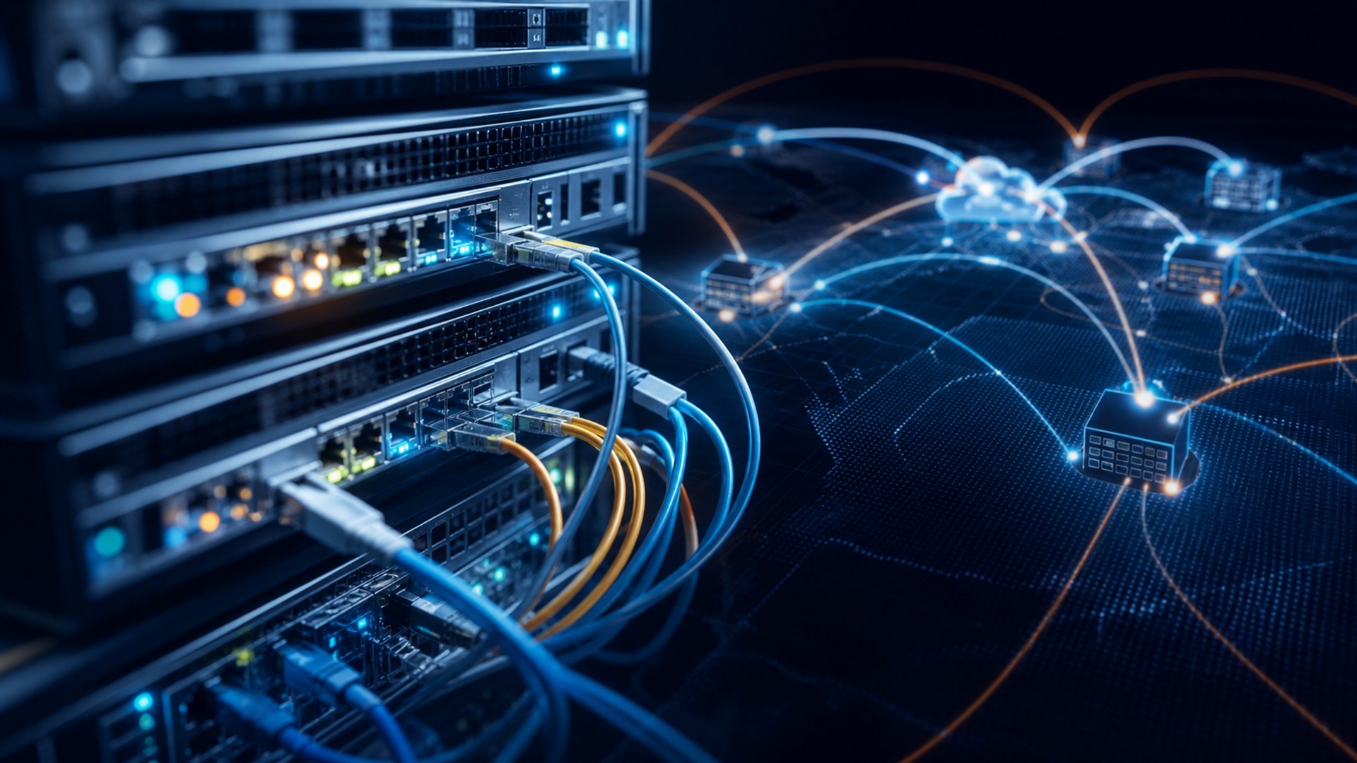 Illustrative network switch rack with cabled ports linked to a map of connected cloud and branch sites.