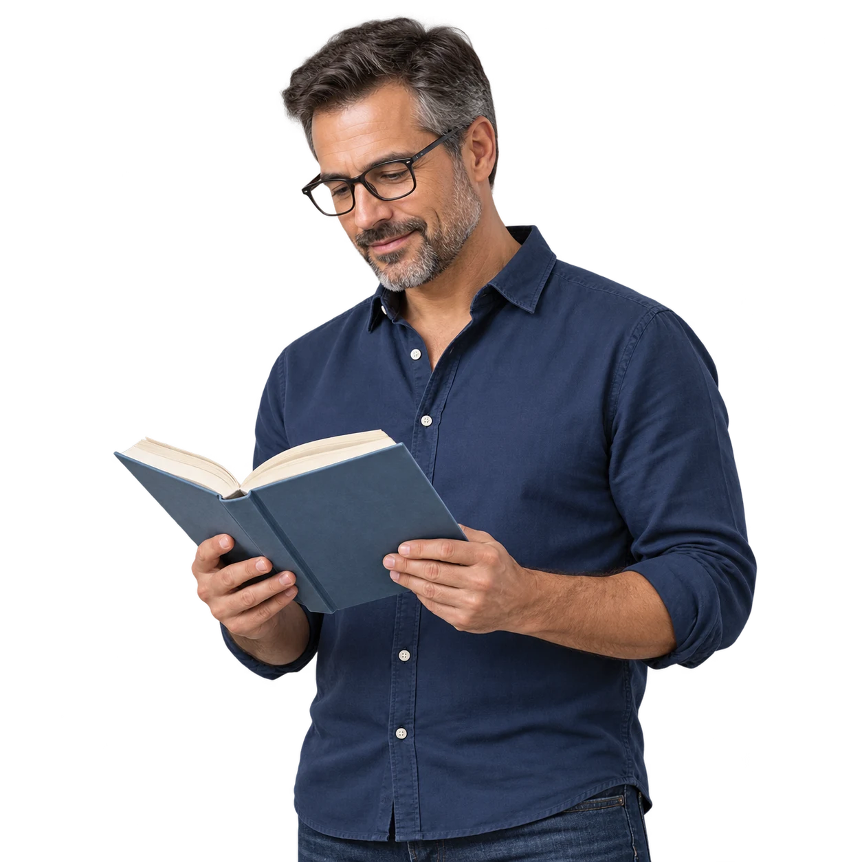Thoughtful man wearing glasses reading an open book; transparent cutout