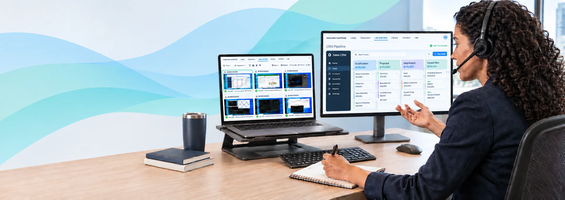 Woman delivering virtual customer training with ReadyTech Lab Overview on a laptop and a matching CRM practice lab on a second monitor, against pale blue and teal abstract waves.