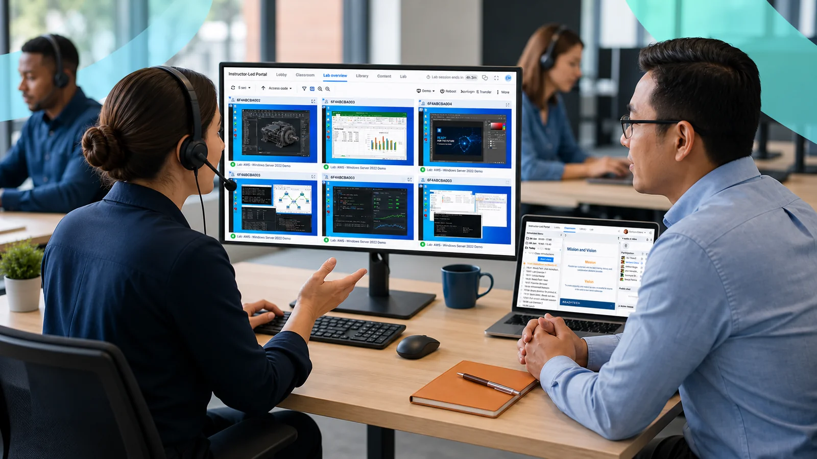Instructor training a customer with ReadyTech Lab Overview on the large monitor and Virtual Classroom presentation and timeline on the laptop.