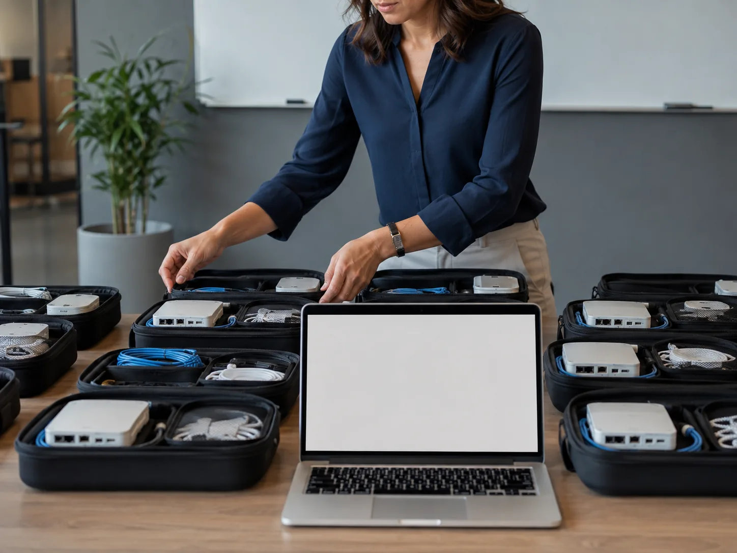Instructor packing laptops and hardware kits into flight cases before an onsite class