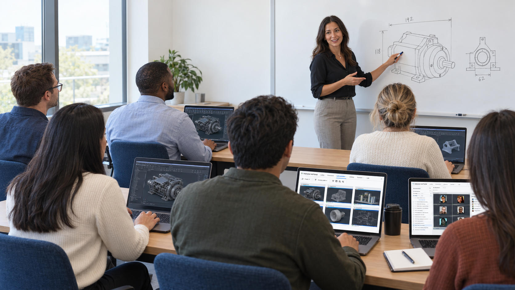 Woman instructor guiding six employees through hands-on 3D modeling labs.